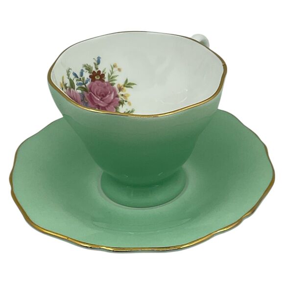 Mint Green Floral Crown Tea Cup and Saucer Staffordshire England Pink Roses - Picture 7 of 7